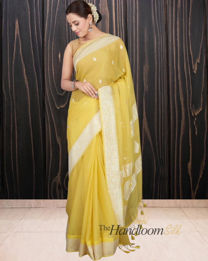 Yellow Pure Georgette Silver Zari Banarasi Saree
