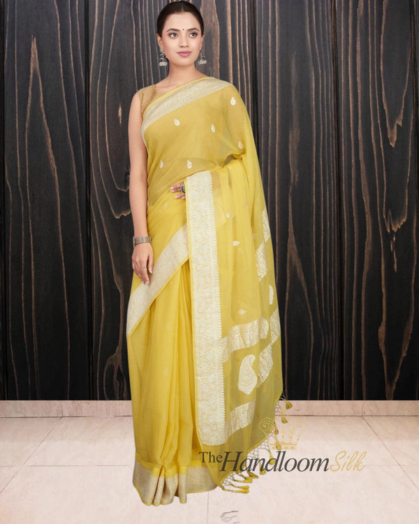 Yellow Pure Georgette Silver Zari Banarasi Saree