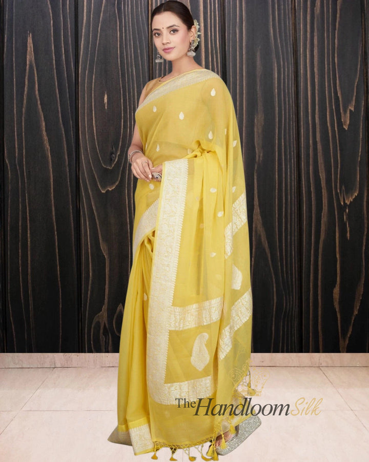 Yellow Pure Georgette Silver Zari Banarasi Saree