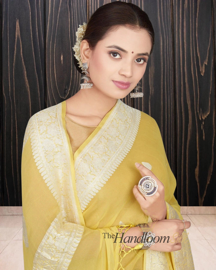 Yellow Pure Georgette Silver Zari Banarasi Saree