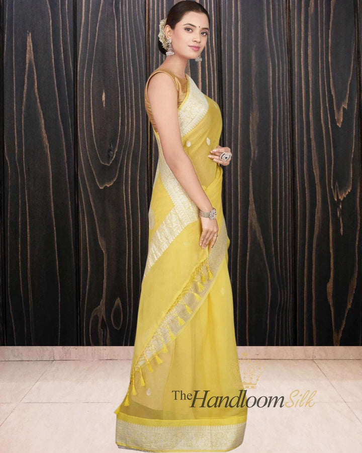 Yellow Pure Georgette Silver Zari Banarasi Saree