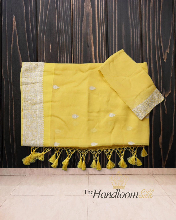 Yellow Pure Georgette Silver Zari Banarasi Saree