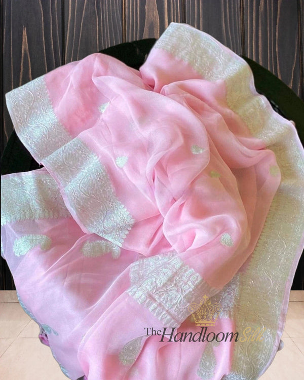 Baby Pink Pure Georgette Silver Zari Banarasi Saree