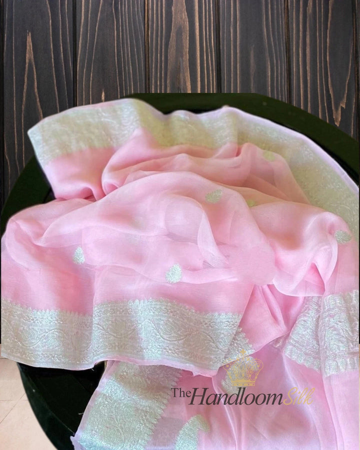 Baby Pink Pure Georgette Silver Zari Banarasi Saree