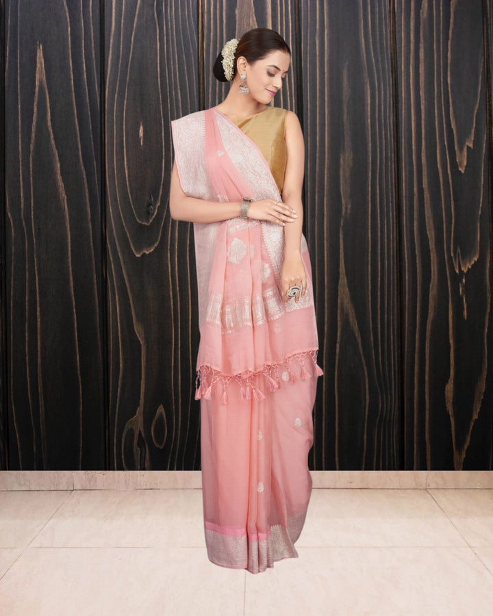 Blush Pink Pure Georgette Silver Zari Banarasi Saree