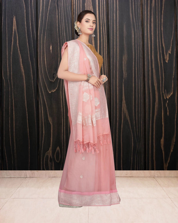 Blush Pink Pure Georgette Silver Zari Banarasi Saree