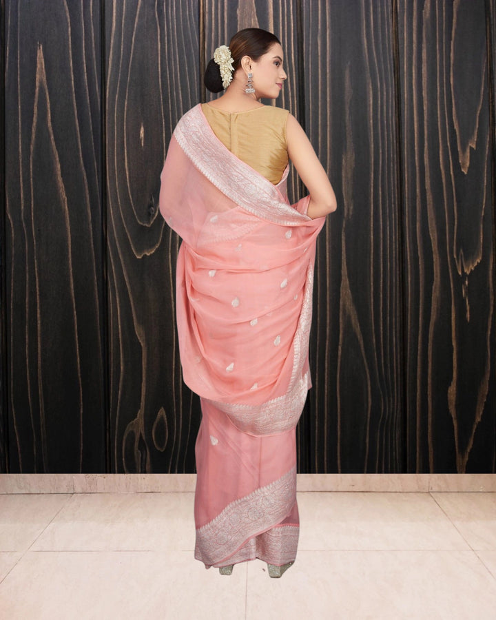 Blush Pink Pure Georgette Silver Zari Banarasi Saree