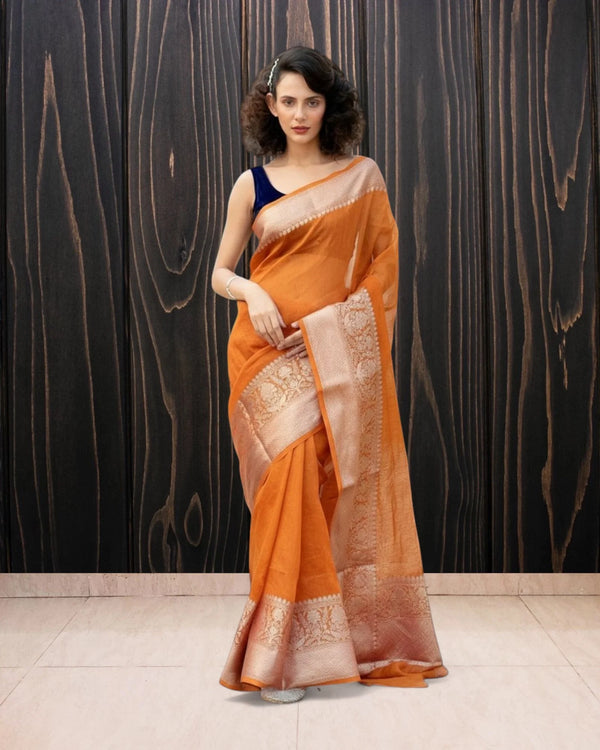 Orange Pure Linen Banarasi Saree