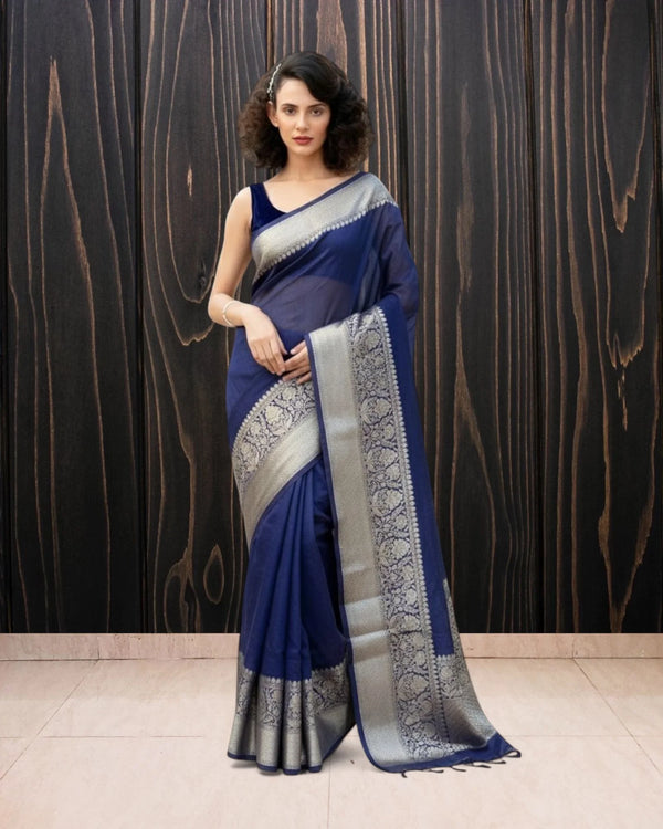 Navy Blue Pure Linen Banarasi Saree