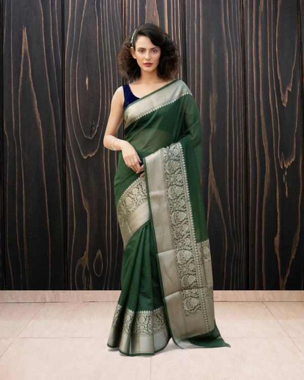 Basil Green Pure Linen Banarasi Saree