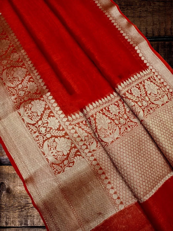 Hot Red Pure Linen Banarasi Saree
