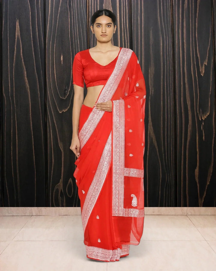 Red Georgette Handloom Saree - The Handloom Silk