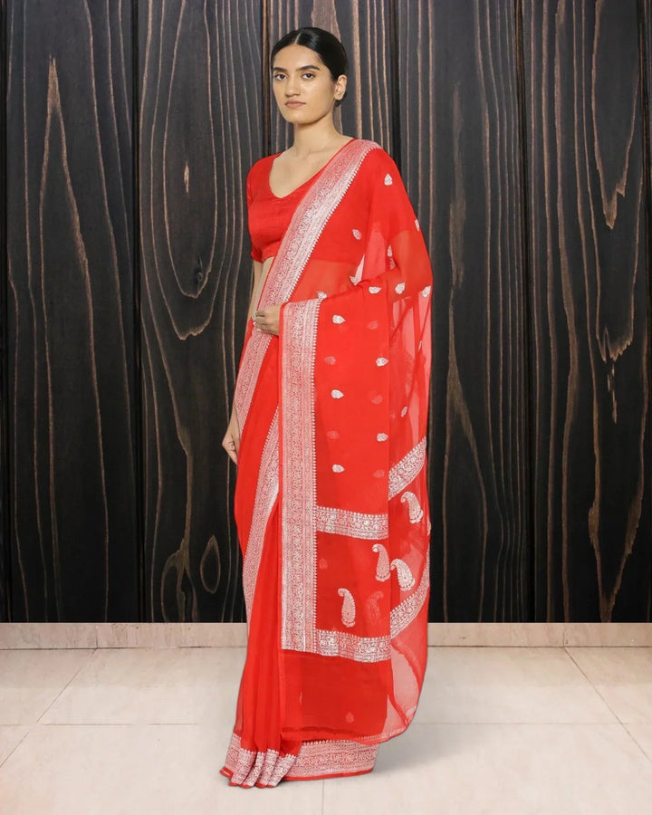 Red Georgette Handloom Saree - The Handloom Silk