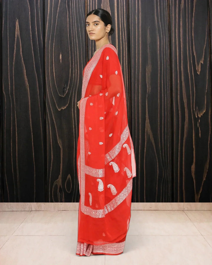 Red Georgette Handloom Saree - The Handloom Silk