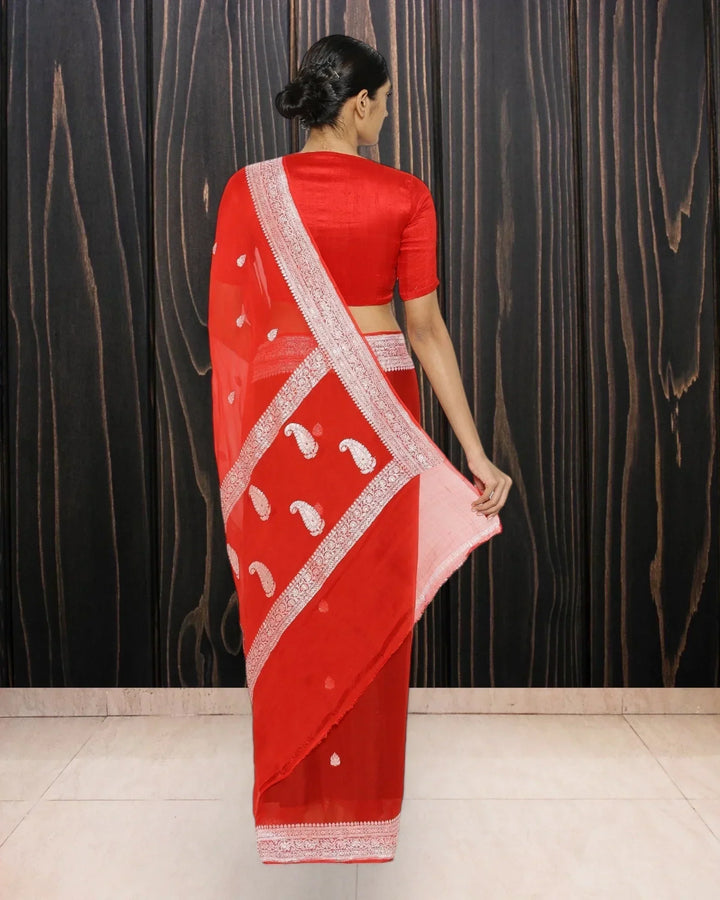 Red Georgette Handloom Saree - The Handloom Silk