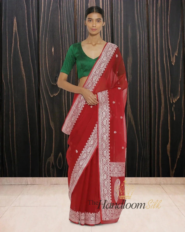 Red Pure Georgette Silver Zari Banarasi Saree - The Handloom Silk