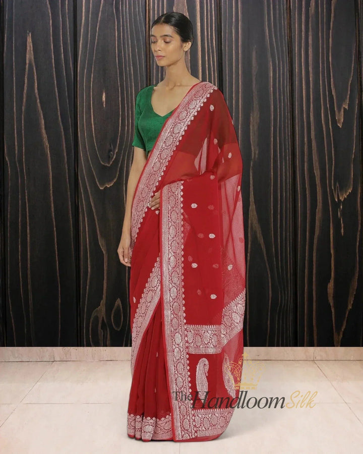 Red Pure Georgette Silver Zari Banarasi Saree - The Handloom Silk