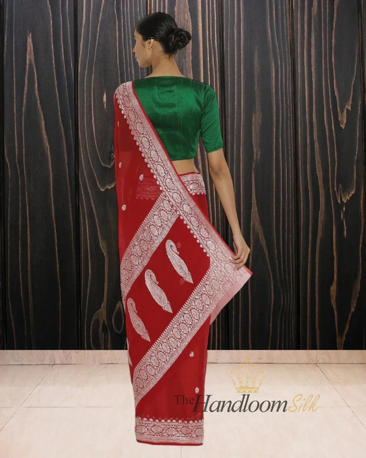Red Pure Georgette Silver Zari Banarasi Saree - The Handloom Silk