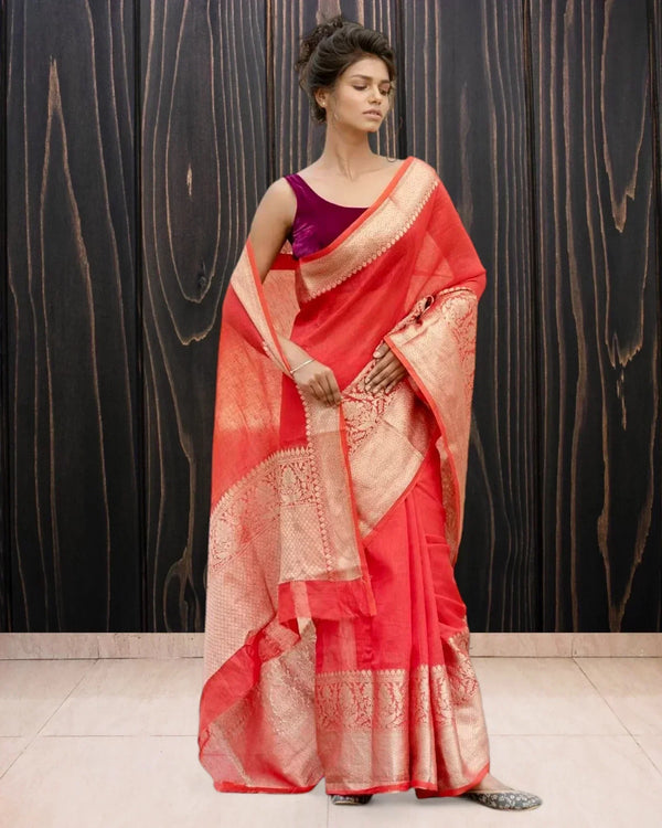 Red Pure Linen Banarasi Saree - The Handloom Silk
