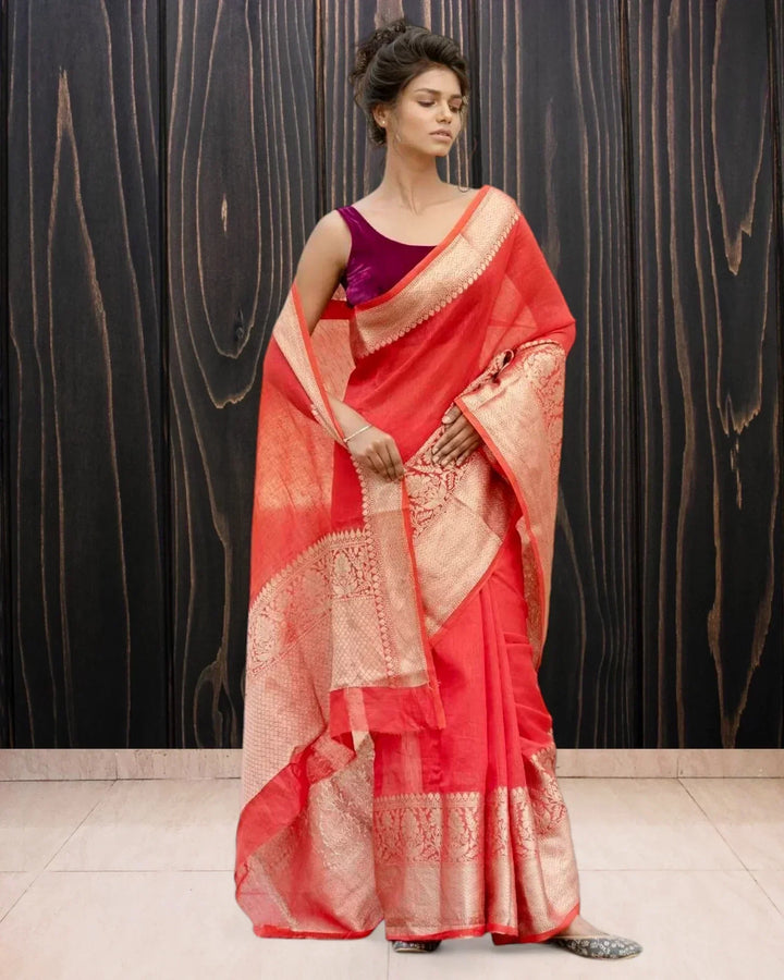 Red Pure Linen Banarasi Saree - The Handloom Silk