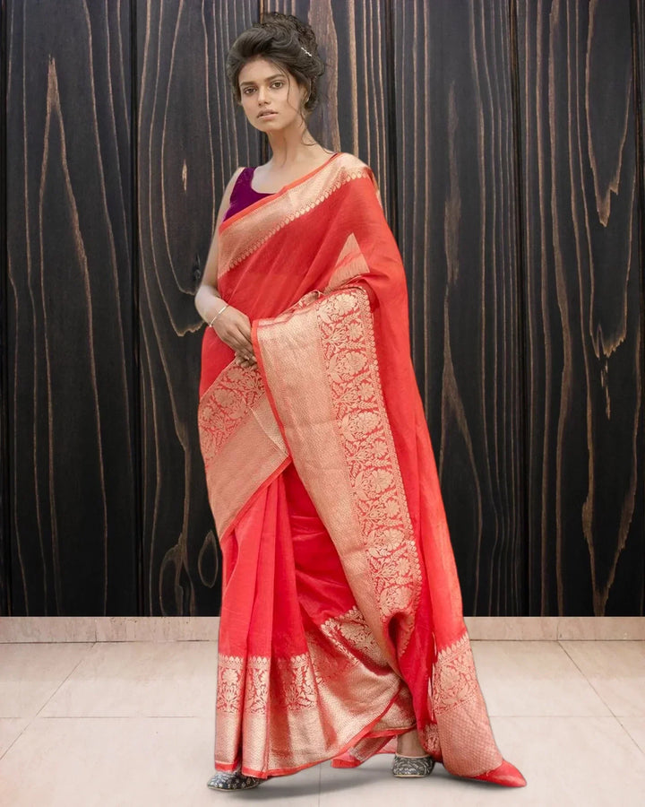 Red Pure Linen Banarasi Saree - The Handloom Silk