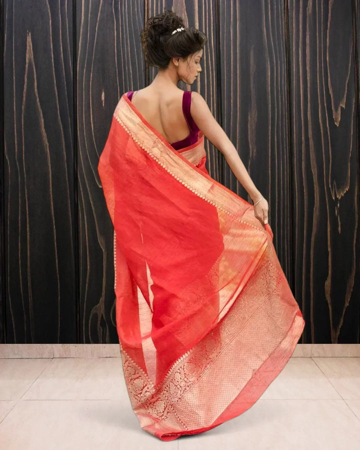 Red Pure Linen Banarasi Saree - The Handloom Silk