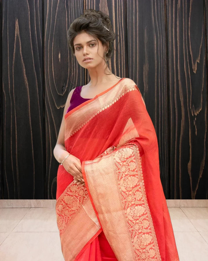 Red Pure Linen Banarasi Saree - The Handloom Silk