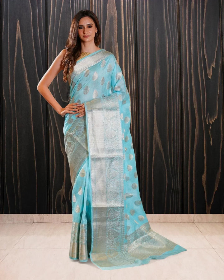 Sky Blue Pure Linen Banarasi Saree - The Handloom Silk