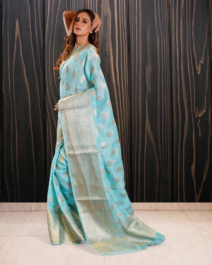 Sky Blue Pure Linen Banarasi Saree - The Handloom Silk