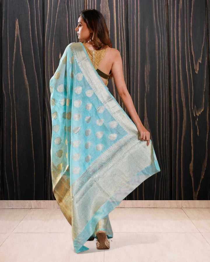Sky Blue Pure Linen Banarasi Saree - The Handloom Silk