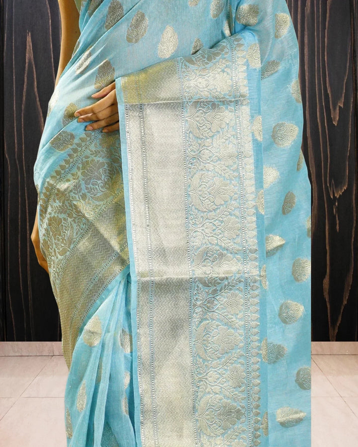 Sky Blue Pure Linen Banarasi Saree - The Handloom Silk