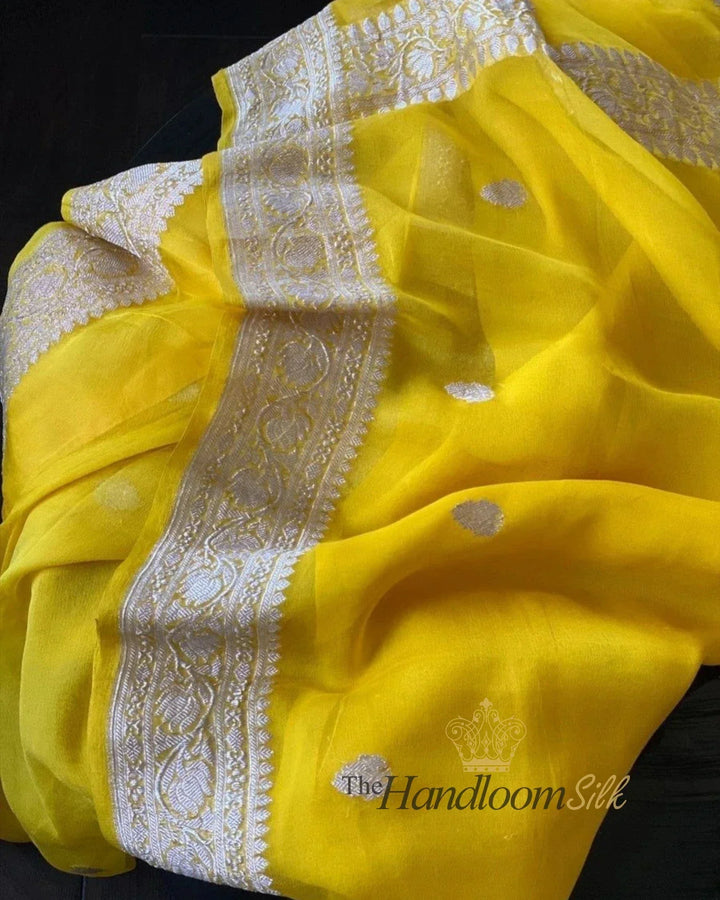 Yellow Pure Georgette Silver Zari Banarasi Saree - The Handloom Silk