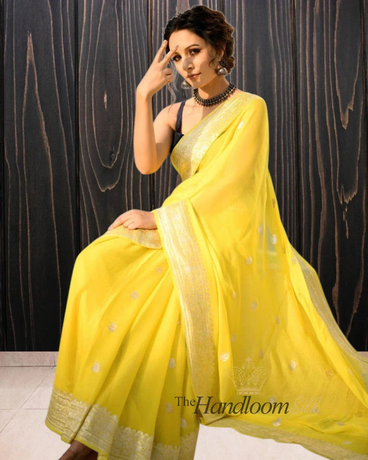 Yellow Pure Georgette Silver Zari Banarasi Saree - The Handloom Silk