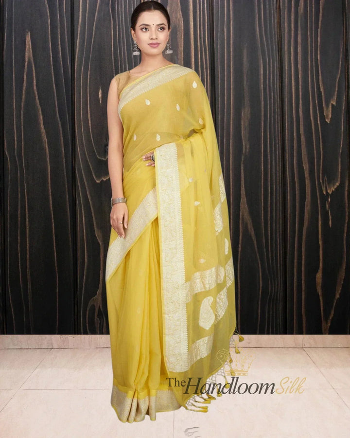 Yellow Pure Georgette Silver Zari Banarasi Saree - The Handloom Silk
