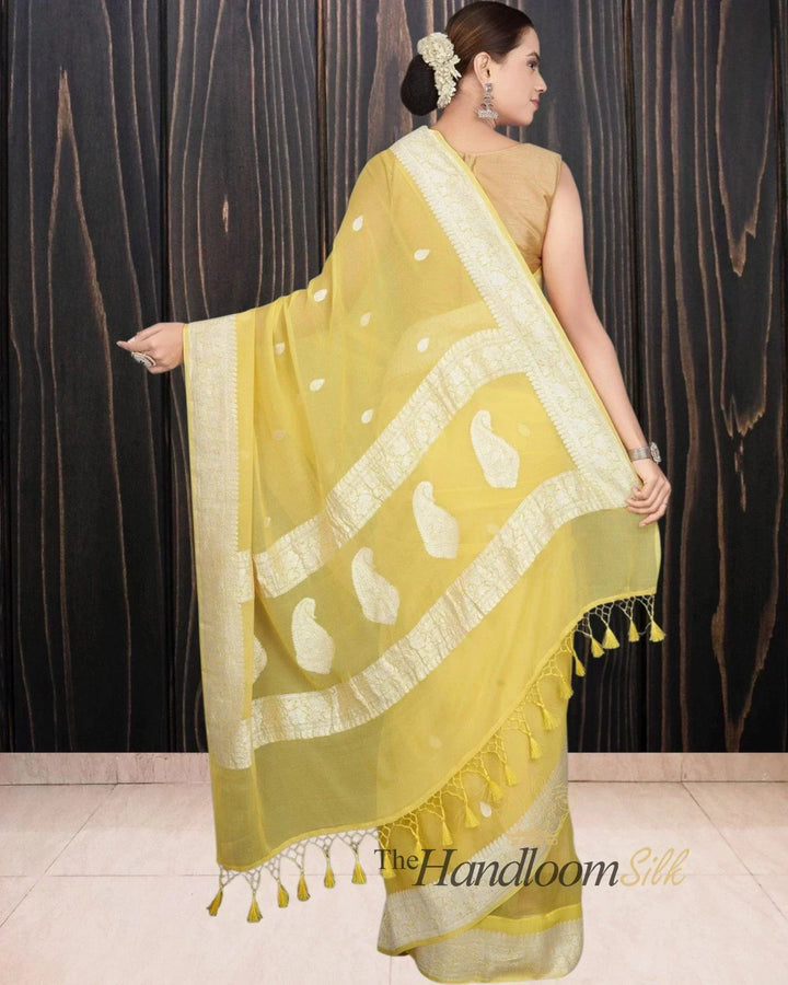 Yellow Pure Georgette Silver Zari Banarasi Saree - The Handloom Silk