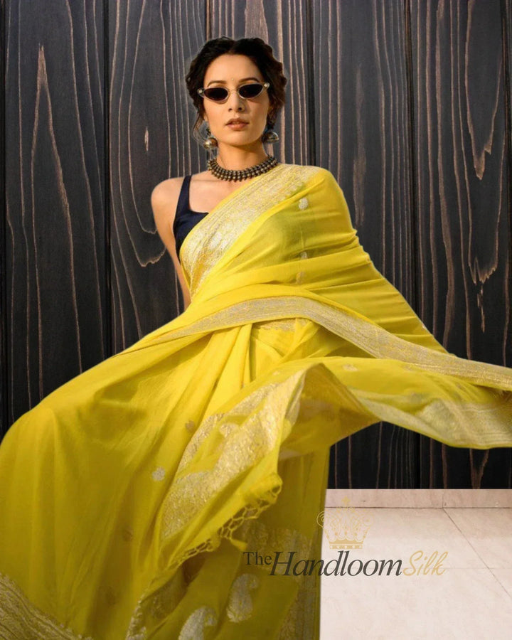 Yellow Pure Georgette Silver Zari Banarasi Saree - The Handloom Silk