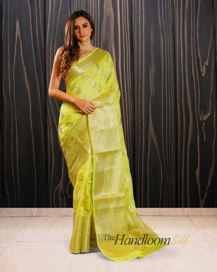 Yellow Pure Linen Banarasi Saree - The Handloom Silk