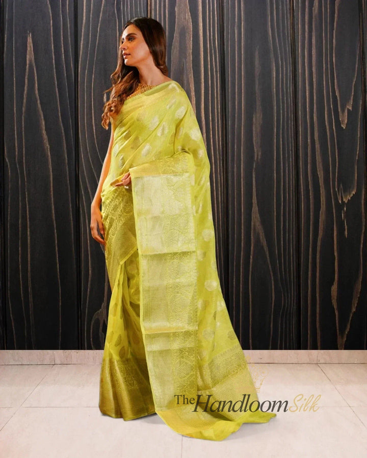 Yellow Pure Linen Banarasi Saree - The Handloom Silk