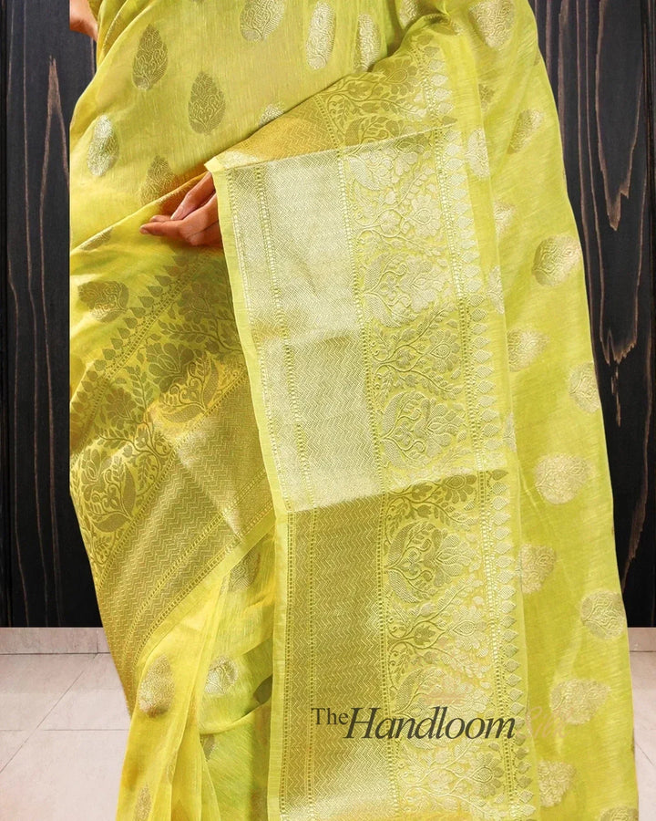 Yellow Pure Linen Banarasi Saree - The Handloom Silk