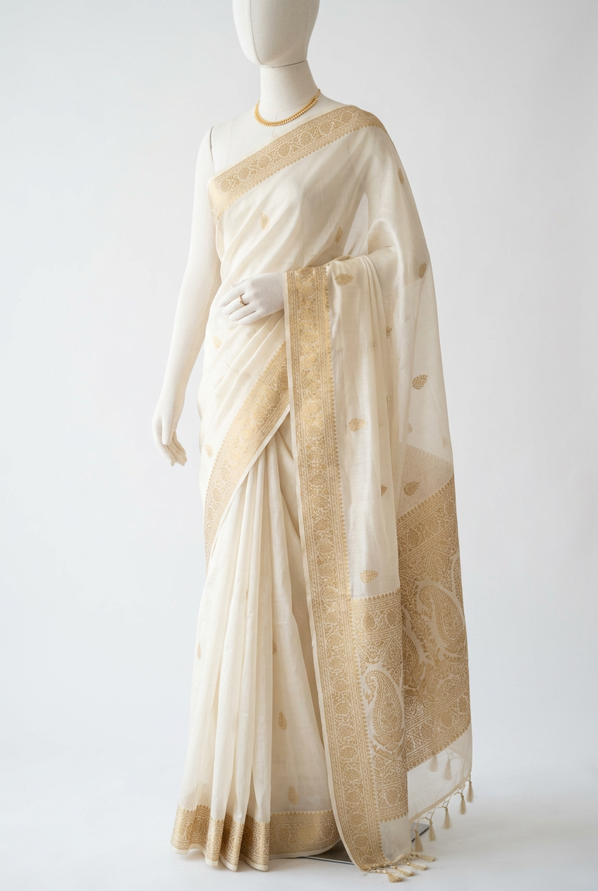 Chanderi Silk Saree - Ivory White