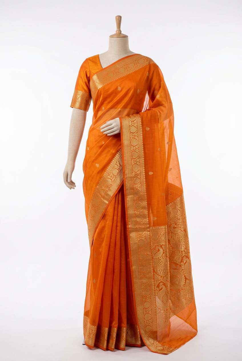 Chanderi Silk Saree - Saffron Orange